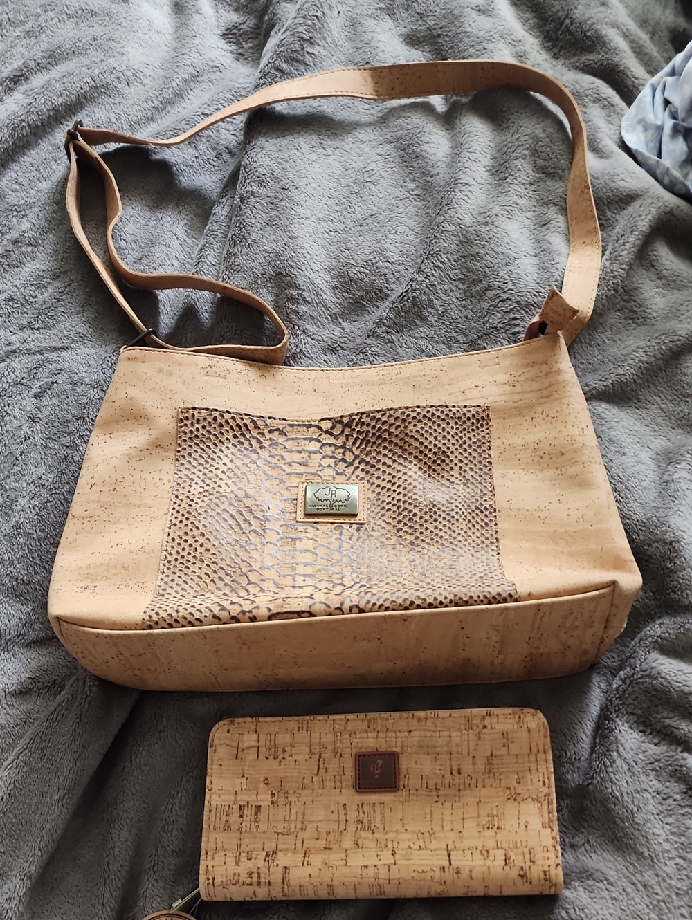 Natural Cork Crossbody Bag with Snake-Texture Accent. Purse & Wallet Combo.